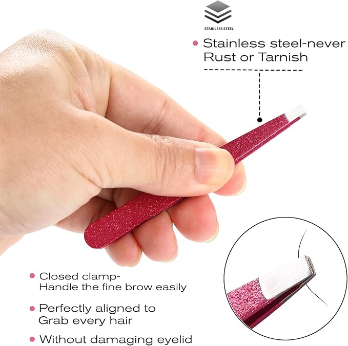 4-Pcs Glitter Stainless Steel Precision Tweezer Set for Eyebrows, Ingrown Hair & Lash Extensions (Rose Red)