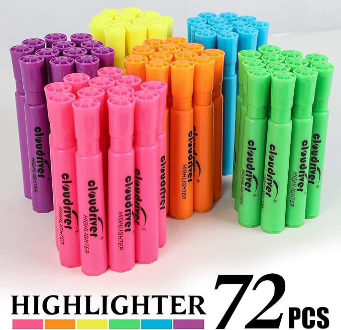 cloudriver Highlighters Bulk Pack of 72, Assorted Color, Chisel Point, Quick Drying Ink, Highlighters Suitable For Classroom, Office And Shop