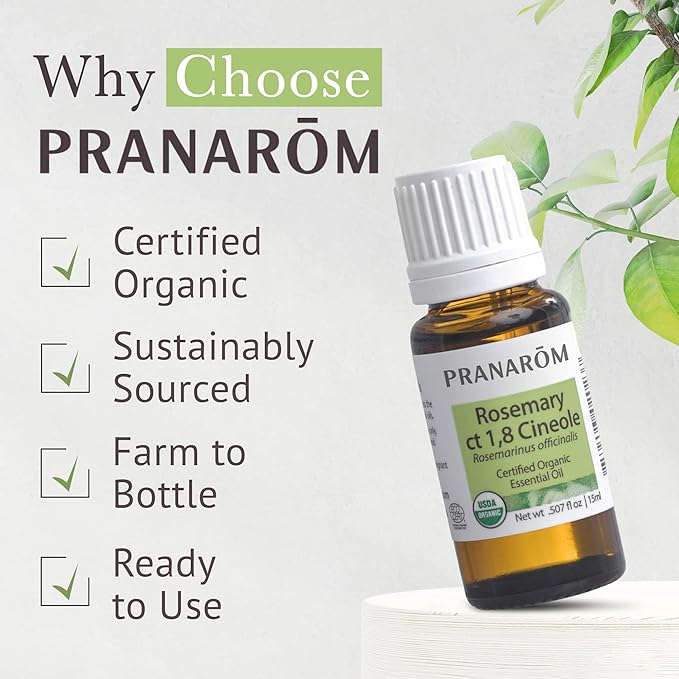 Pranarom USDA Certified Organic Rosemary Cineole Essential Oil (15ml), 100% Pure Undiluted Therapeutic Grade from Tunisia for Aromatherapy, Diffuser, Meditation, Massage, Relaxation