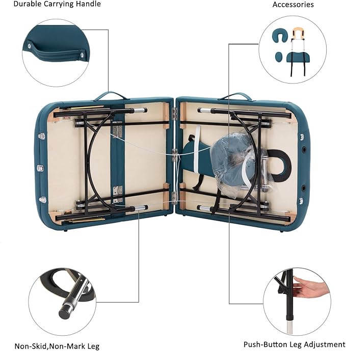 Artechworks 28" Width 3 Folding Portable Lightweight Massage Table Facial Salon Spa Tattoo Bed with Aluminium Leg for Home Office Living Room, Teal Green Color