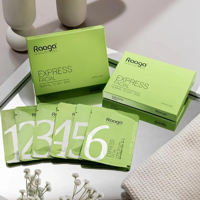 Raaga Professional Express Single Use Facial Kit | For Oily & Acne-Prone Skin | 6-Step Skincare Set At Home | Cleanser, Scrub, Toner, Massage Gel, Face Mask & Sunscreen | 35g/1.23 Oz