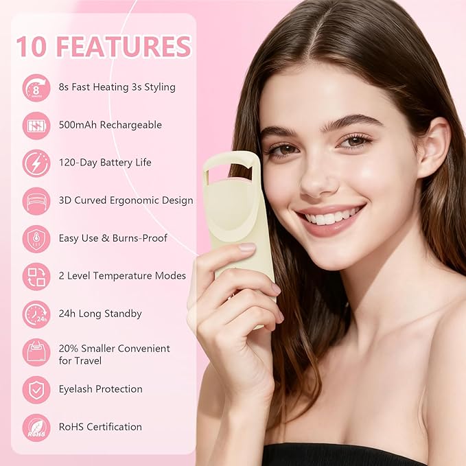 Heated Eyelash Curler, Electric Eyelash Curler with 2-Temp Modes & Type-C Charging, 8s Fast Heat 3s Style 24H Lift for Long-Lasting Natural Effortless Curls, Mini Heated Lash Curler for Women(Beige)