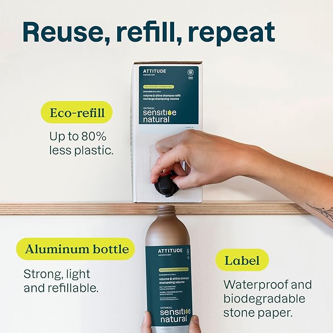 ATTITUDE Volume and Shine Hair Shampoo for Sensitive Dry Scalp, EWG Verified, Soothing Oat, Thin Hair, Naturally Derived Ingredients, Vegan Plant-Based, Unscented, Refillable Aluminum Bottle, 16 Fl Oz