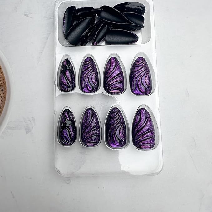 24Pcs Purple Press on Nails Medium Almond Fake Nails with 3D Butterfly Water Drops Design Glitter Full Cover Glossy Acrylic Nails False Nails Sweet Cool Black Purple Glue on Nails for Women