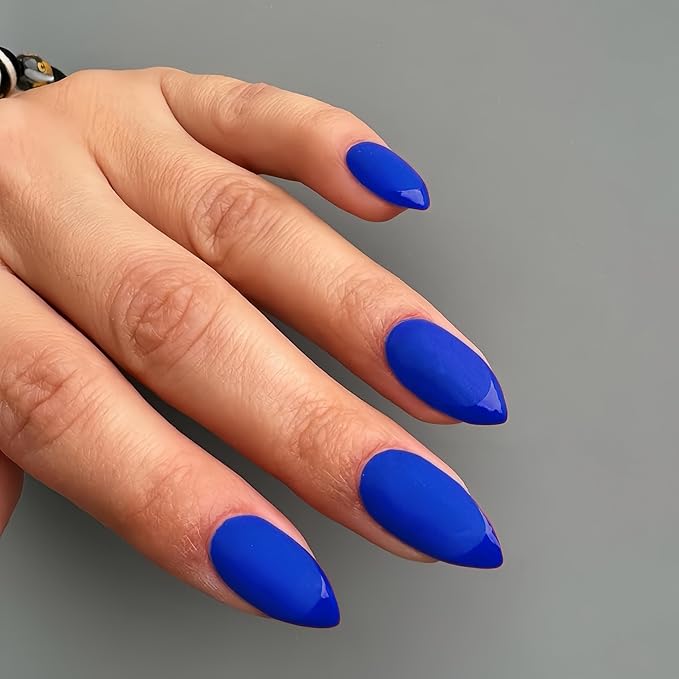 Royal Blue French Tip Press ons, Press on Nails Medium Almond Glue on Nails Short Acrylic Glue on Nail Gel Fake Nail False for Women Fall Winter, in 32 Pcs 16 Sizes