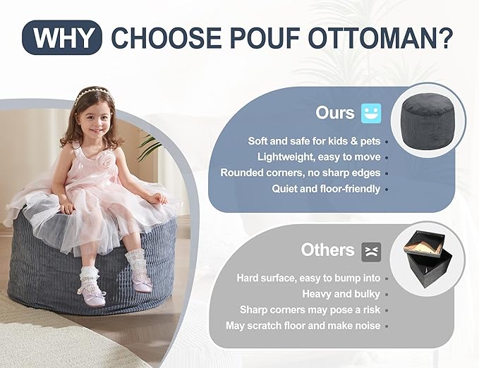 Pouf Ottoman Foot Stools with Foam Small Ottoman for Living Room Corduroy Ottomans Pouf 26x18 Floor Poufs Foot Rest for Chair Dark Grey Hassocks and Ottomans