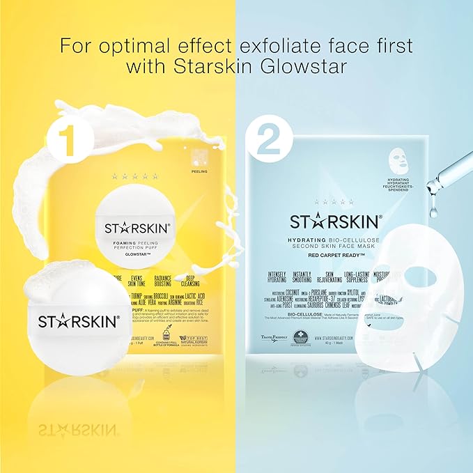 STARSKIN Red Carpet Ready Bio-Cellulose Face Mask – 1 Pack, Hydrating Face Mask for all Skin Types, Instant Hydration & Glass-Skin Glow, Revitalizing and Moisturizing, Korean Skincare