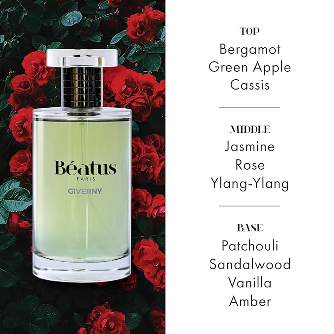 Beatus Paris Giverny - Luxury Perfume for Women - Eau de Parfum - Long-Lasting Fragrance with Notes of Fruity Rose, Sandalwood, Bergamot & Vanilla Scent - All Day Wear - Travel Size EDP Spray - 3.4 oz