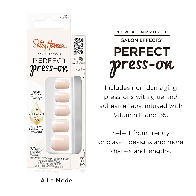 Sally Hansen Salon Effects Perfect Press-On Nails | Square Shape | Easy to Apply, Non-Damaging | 30 Nails, Nail Glue, Adhesive Tabs, File | A La Mode