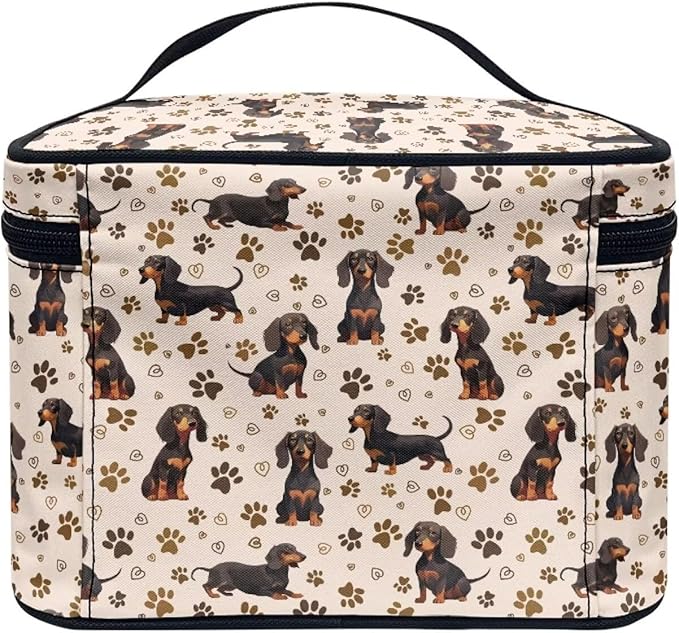 Dachshund Dog & Paws Print Travel Makeup Bags for Women Portable Tote Cosmetic Case with Carry Handle Toiletry Accessories Storage Organizer Bags, Beige