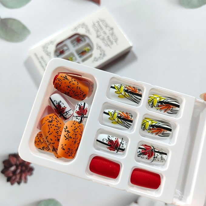24Pcs Fall Press on Nails Autumn Thanksgiving Fake Nails Medium Square False Nails Maple Leaf Graffiti Design Matte Acrylic Glue on Nail Full Cover Stick on Nail for Coquette Women