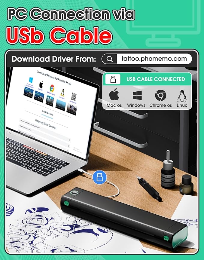 Phomemo M08F Wireless Tattoo Transfer Stencil Printer, Thermal Tattoo Machine with 10pcs Free Stencil Paper, Portable Printer Kit for Artists & Beginners, Compatible with Smartphone & PC