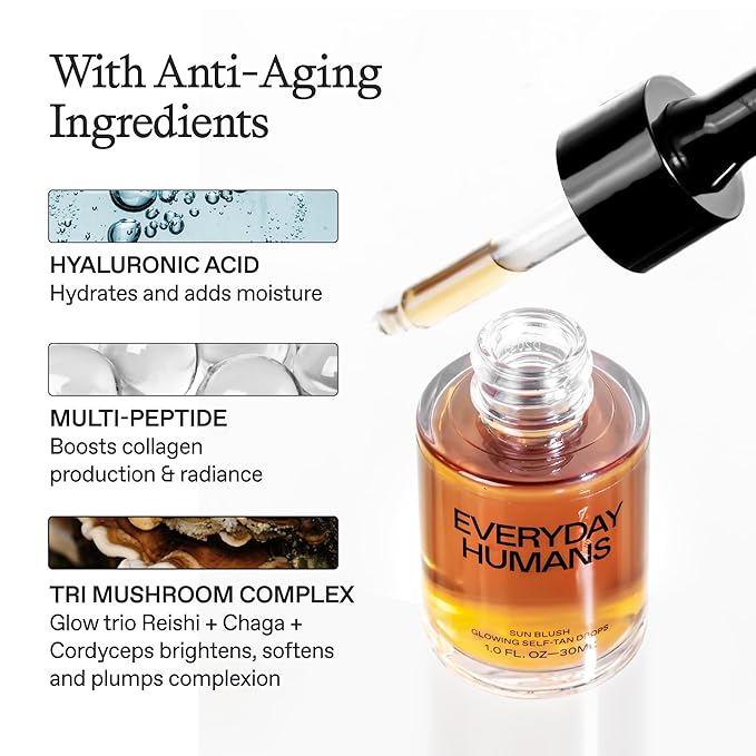 Sun Blush Glowing Self Tanning Drops Australian Made 1.0 fl.oz | Sun-Kissed, Natural Face & Body Gradual Self Tanner with Peptides | Fragrance Free| Everyday Humans