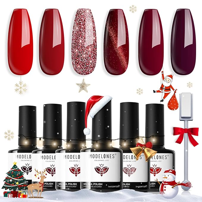 modelones Red Gel Nail Polish Set - 6 Colors 2025 Christmas Winter Ruby Glitter Cat Eye Magnetic Gel Polish Burgundy Red Sparkle Bloody Nail Polish Kit Soak Off LED Thanksgiving Nail Art DIY Gift