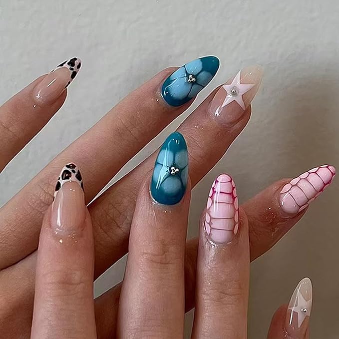 IMRAIN Press on Nails Medium Almond Fake Nails French Tip False Nails Crocodile Print Acrylic Nails Press ons Full Cover Glue on Nails Pink Blue Stick on Nails for Women Star 24Pcs