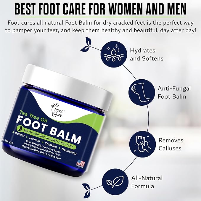 Tea Tree Oil Balm – Moisturizer for Dry Cracked Feet – Instantly Hydrates & Soothes Irritated Skin & Athlete's Foot – Best Care for Women and Men – Made in USA