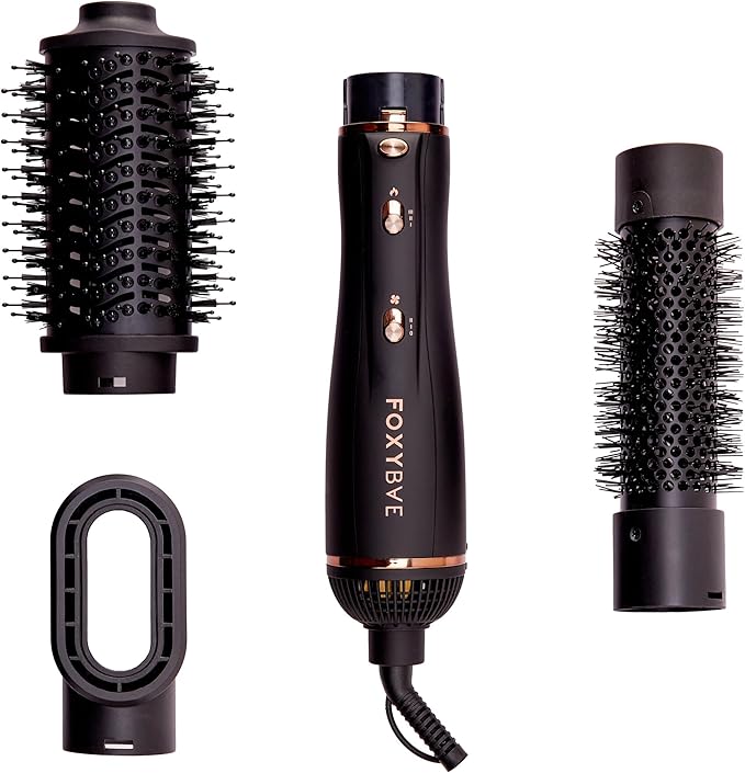 FoxyBae 3-in-1 Ceramic Interchangeable Hair Tools - Blowout Dryer - 3 Detachable Heads: 2.4" Blowout Brush, 1.5" Hot Round Brush & Drying Cylinder Hair Dryer Brush & Hair Styling Set [Black Rose-Gold]