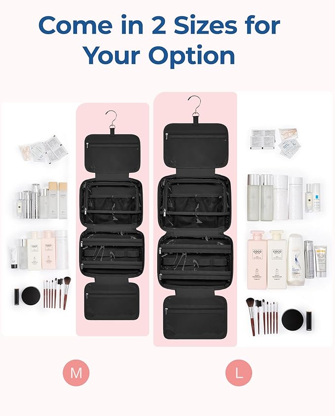 BAGSMART Travel Toiletry Bag with Jewelry Organizer, Hanging Travel Bag for Toiletries, Puffy Makeup Cosmetic Bag Organizer, Carry-on Travel Accessories Essentials, Black-L