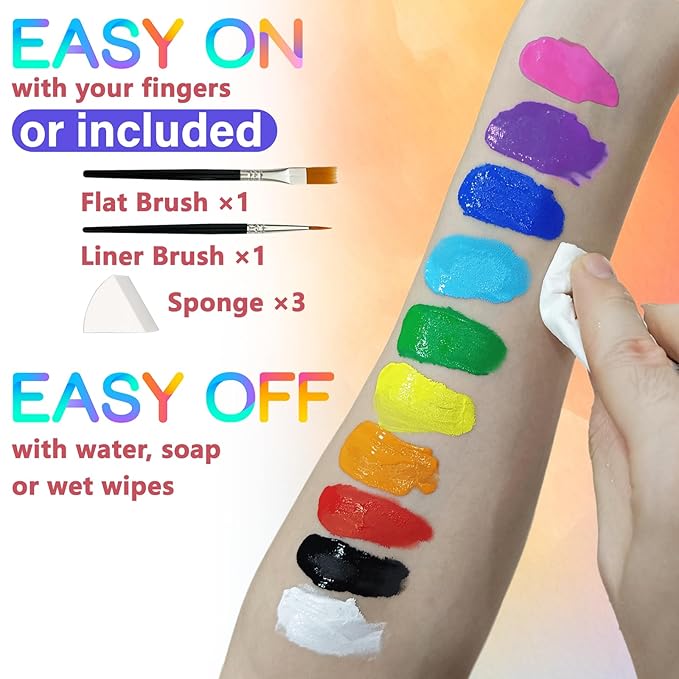 10 Colors Face Body Paint Set, Water Based Body Paint for Kids, Washable Face Paint Kit with Brushes & Sponges, Non-Toxic Face Painting for Halloween Party Cosplay Stage Makeup
