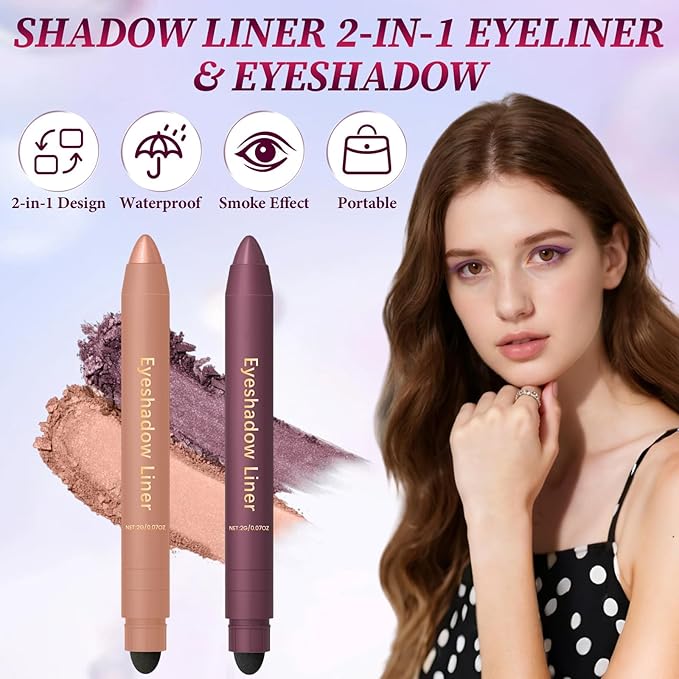 2PCS Shadow Liner 2-in-1 Eyeliner Eyeshadow, Inelaborate Eye Shadow, Shadow Liner Duo Plum, 2-in-1 Eye Makeup Eyeliner + Eyeshadow Waterproof, Smooth and Easy to Color (Champagne+Purple)