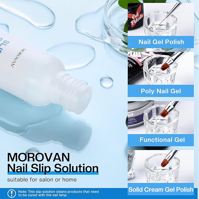 Morovan Poly Gel Slip Solution Kit: 4oz Slip Solution Liquid for Poly Gel Nails Dual-Ended Brush Pusher for Beginner