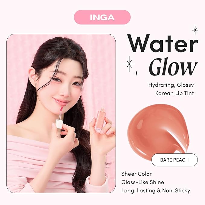 INGA Water Glow Lip Tint | Hydrating, Glossy Korean Lip Tint with Sheer Color & Glass-Like Shine | Long-Lasting, Non-Sticky Korean Lip Stain (BARE PEACH)