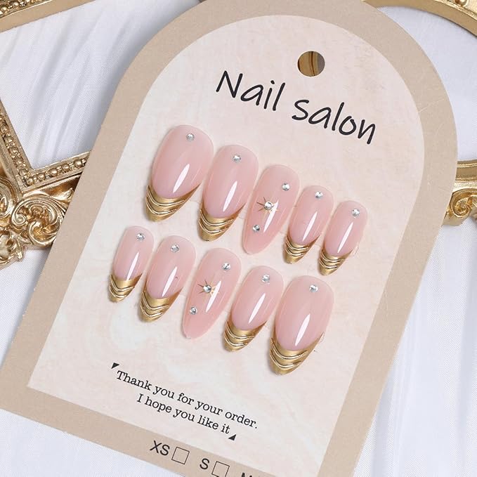 24Pcs Gold French Tip Press on Nails Medium Almond Fake Nails Gold Star with Rhinestones Glitter Full Cover Acrylic Nails Glue on Nails French False Nails Glossy Stick on Nails for Women Manicure Tips