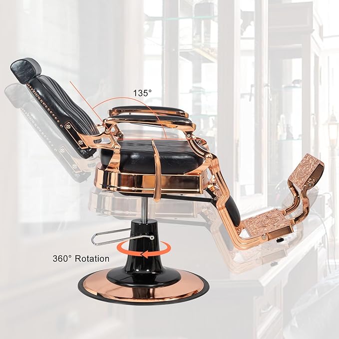 Winado Heavy Duty Vintage Recline Barber Chair Hydraulic with Headrest, Supports up to 700lbs & 360° Rotatable, Professional Salon Beauty Spa Shampoo Equipment (Rose Gold - Square Twill Backrest)