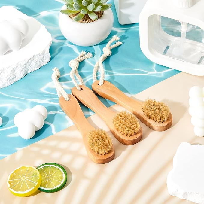Nuanchu 6 Pcs Wooden Face Cleaning Brush Facial Exfoliator Brush Dry Scrubber Natural Bristles for Face Care Scrubber Exfoliator Wood Handle Facial Cleanser Tool to Unclog Pore