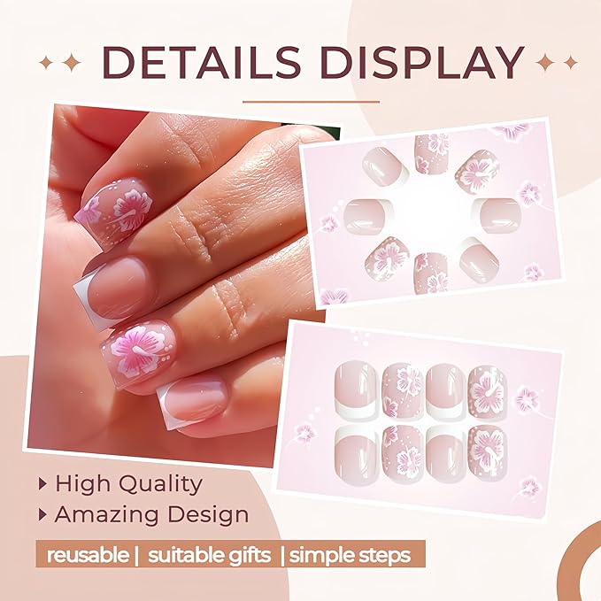 24Pcs White French Flower Press on Nails Short Square Fake Nails with Hibiscus Design Pink White Floral Glossy False Nails Reusable Acrylic Nails Full Cover Stick on Nails for Women DIY Manicure