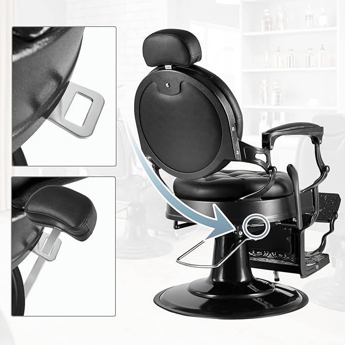 OmySalon Vintage Barber Chair All Purpose Heavy Duty, Hydraulic Recline Salon Beauty Styling Chair Retro Black, 360 Degree Swivel for Hair Stylist Tattoo, Round Base, Tufted Button