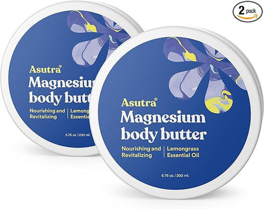 ASUTRA Magnesium Body Butter Lotion, 6.76 oz (Pack of 2), Soothing Shea Butter & Almond Oil Moisturizer, Premium-Quality Magnesium, Lemongrass Essential Oil