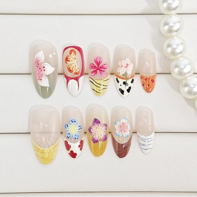 30Pcs Summer Press on Nails Medium Almond Flower Fake Nails 3D Colorful Flowers Designs Full Cover Glue on Nails Reusable Artificial Nails French Tip False Nails for Women Girls Acrylic Manicure DIY
