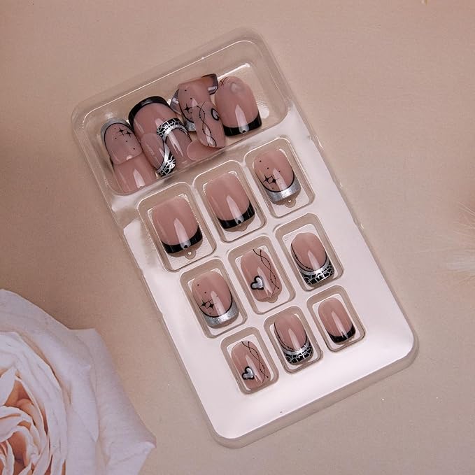 French Tip Press on Nails Short Square Fake Nails Heart Star Acrylic Nails Black False Nails Press ons Glossy Glue on Nails Stick on Nails Cute Artificial Nails for Women Girls Manicure 24Pcs