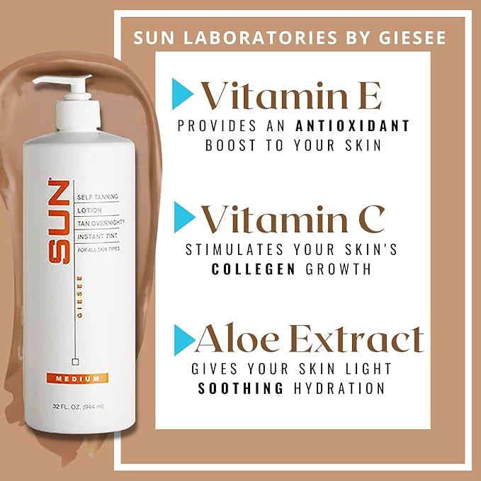 Sun Laboratories By Giesee Tan Overnight Self Tanning Lotion 32 oz - Medium To Dark Self Tanner, Sunless Tanning Lotion, Odorless Long Lasting Tanning Lotion, Instant Tanner Lotion for Face & Body