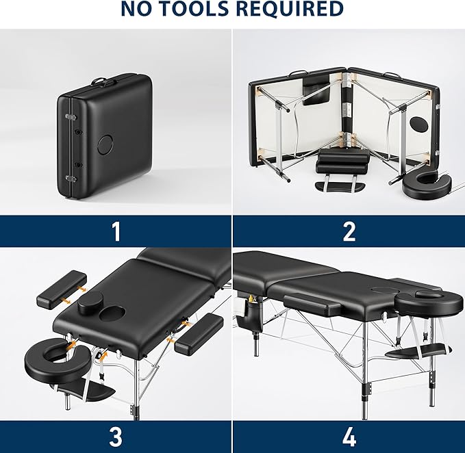 Brelley Massage Table Portable, 2-Fold Lash Bed with Side Pocket, Adjustable Height, Sturdy Aluminum Frame, Esthetician Spa Facial Tattoo Bed with Face Cradle & Carrying Bag, Black