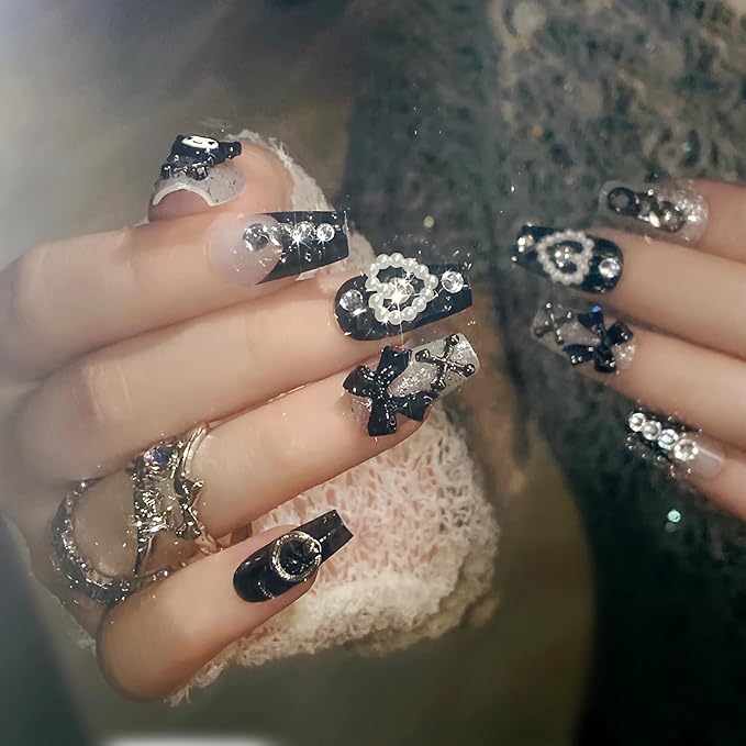 BABALAL Black Press on False Nails Medium Coffin Fake Nails Goth French Tip Glue ons Acrylic Nails Cute Bow Anime Heart Charm Design 24Pcs kawaii Luxury Bling Ballerina Manicure DIY