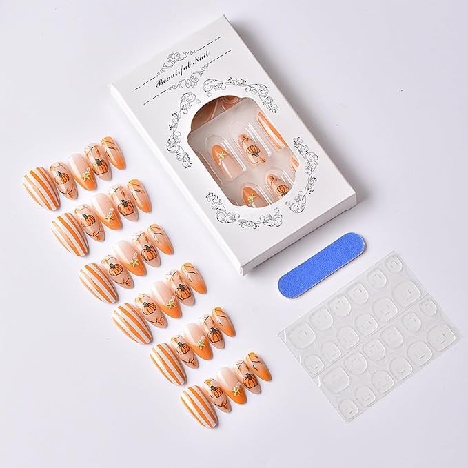 30Pcs Thanksgiving Press on Nails Medium Almond Fake Nails with Cute Pumpkin Design Fall French Nails Orange Stripes Autumn Leaves False Nail Pearl Star Artificial Glue on Nail for Women