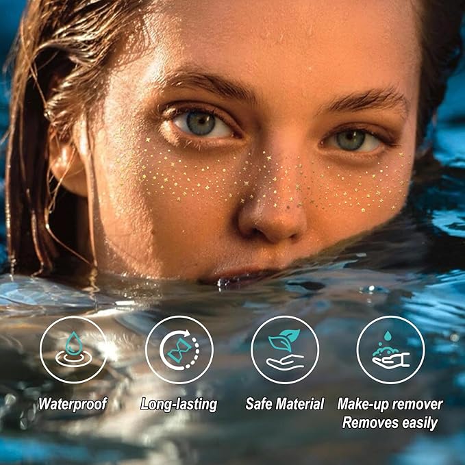 20PCS Glitter Freckles Face Tattoo, Sparkle Freckles for Women and Kids, Cute Star Waterproof Gold Temporary Tattoos Glow Up Makeup Patches (Gold)