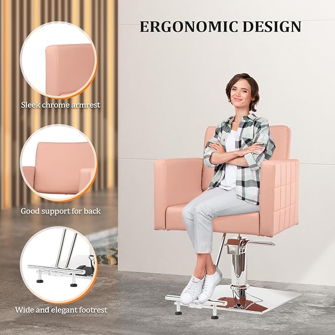 OmySalon Hydraulic Styling Chair for Hair Salon, Modern Pink Hairdressing Barber Chair w/Square Base & Footrest, 360 Degrees Swivel, Beauty Spa Equipment