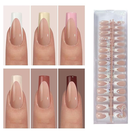 6 Packs French Tip Press On Nails, 180Pcs French Press On Nails Long Square, Pre-shaped Soft Gel Nail No Need to File 3 in 1 Tips, Fake Nails for Nail Art DIY Extension Designs 15 Sizes