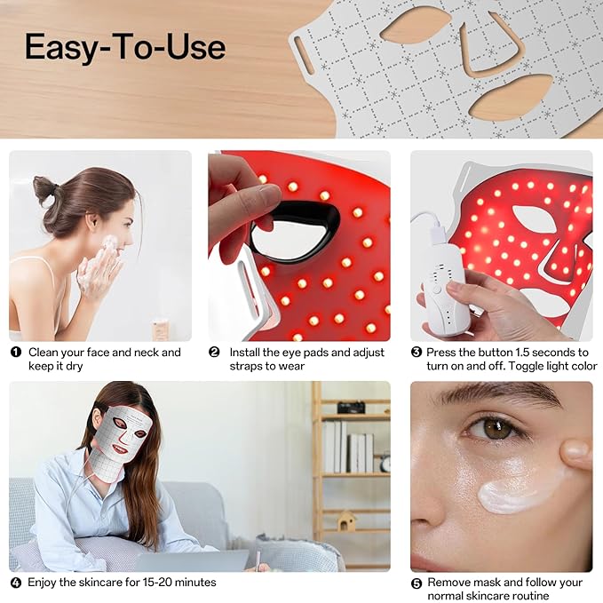 Red Light Mask for Face and Neck - Facial Skin Care Device, Portable, Lightweight, Rechargeable and Ergonomic Design for Home (White)