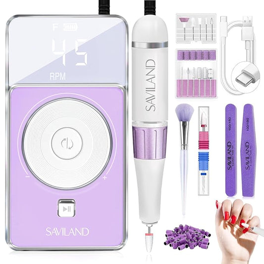 SAVILAND SSPro X-Drill Nail Drill Professional: 45000 RPM Quick Removal for Acrylic Nails Electric Nail File 3000 mAh Nail Drill Kit Portable EFile with Ceramic Bits Sanding Bands Nail Tech Salon