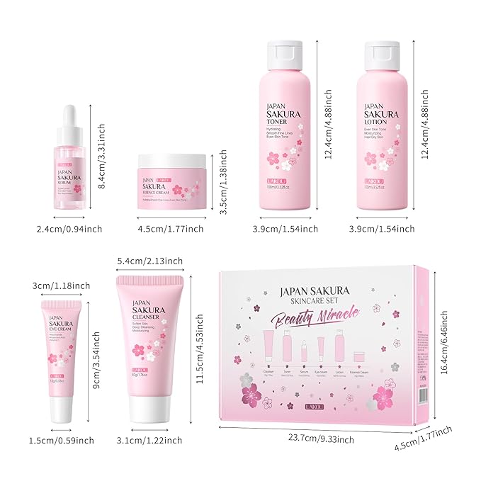 LAIKOU Skin Care Set JAPAN SAKURA Women Beauty Gift Sets Skin Care Kit with Cleanser, Toner, Lotion, Serum, Eye Cream, Face Cream Travel Kit for Women Teen Girls Mom Daughter TSA-friendly Sizes 6pcs