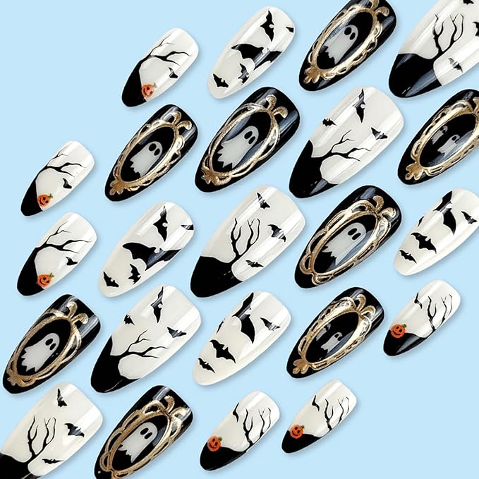 24Pcs Halloween Press on Nails Medium Almond Fake Nails Horror Bat Acrylic Nails with Glossy Scary Pumpkin Ghost Stick on Nails Full Cover Holiday False Nail Tips for Women Manicure Nail Decoration