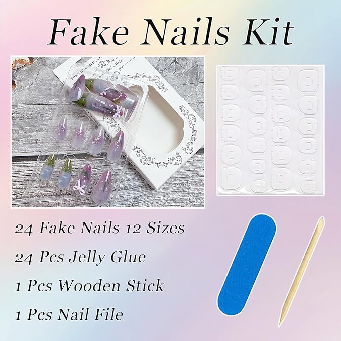 24Pcs Purple Press on Nails Medium Almond Fake Nails with 3D Bow Pearl Designs Glue on Nails Spring Summer Flower Acrylic Nails Cute Floral False Nails Full Cover Glitter Stick on Nails for Women