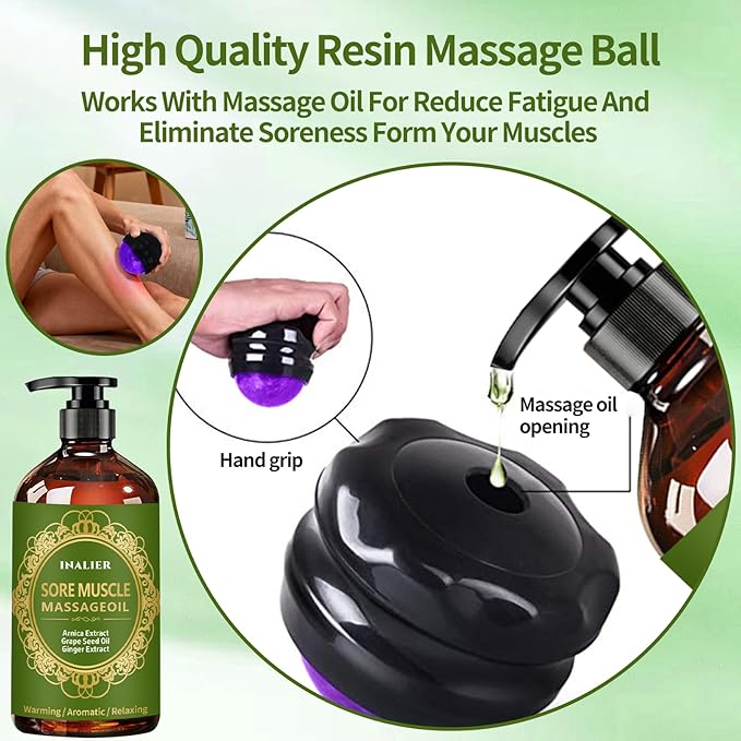 Massage Oil for Massage Therapy,Christmas Massage Gifts for Women Men, 3 Pack Cellulite,Lymphatic Drainage-Ginger Oil Sore Muscle Arnica Oil & Lavender Massage Body Oil with Massage Ball,