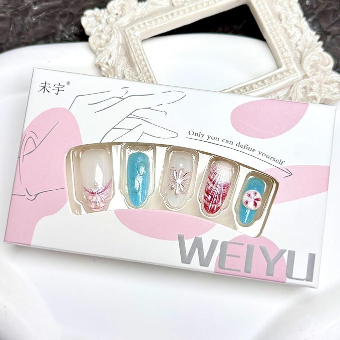 30Pcs Summer Press on Nails Medium Almond Fake Nails with 3D Pearl Ice Flower Shell Design White French Tip Acrylic False Nails Spring Floral Blue Ombre Full Cover Stick on Nails for Women