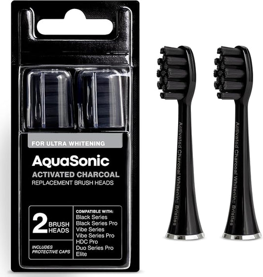 AquaSonic 2-Pack Activated Charcoal Brush Heads - Ultra Whitening Brush Heads - 2X Whitening & Stain Remover - for Black Series, Black Series Pro, Vibe Series, Duo Pro Series (Black)