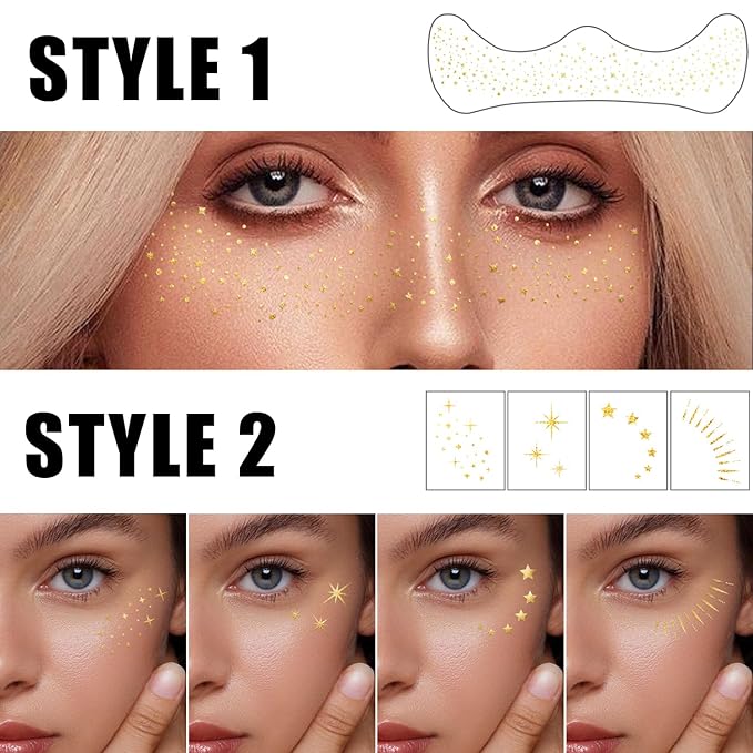 20PCS Glitter Freckles Face Tattoo, Sparkle Freckles for Women and Kids, Cute Star Waterproof Gold Temporary Tattoos Glow Up Makeup Patches (Gold)